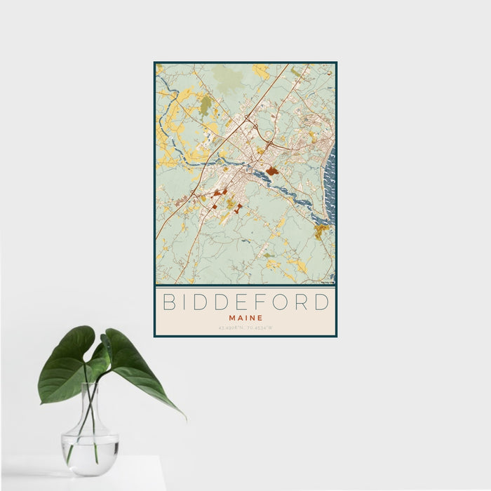 16x24 Biddeford Maine Map Print Portrait Orientation in Woodblock Style With Tropical Plant Leaves in Water