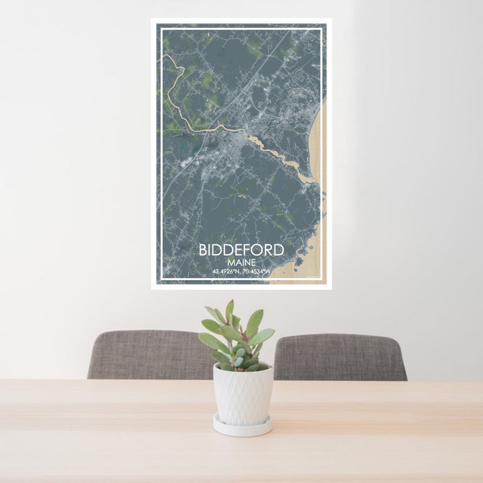 24x36 Biddeford Maine Map Print Portrait Orientation in Afternoon Style Behind 2 Chairs Table and Potted Plant