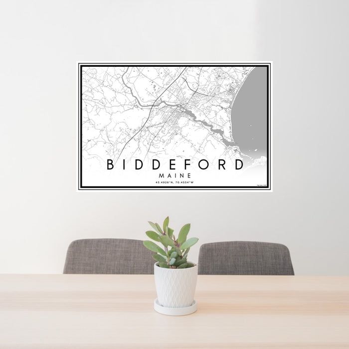 24x36 Biddeford Maine Map Print Lanscape Orientation in Classic Style Behind 2 Chairs Table and Potted Plant