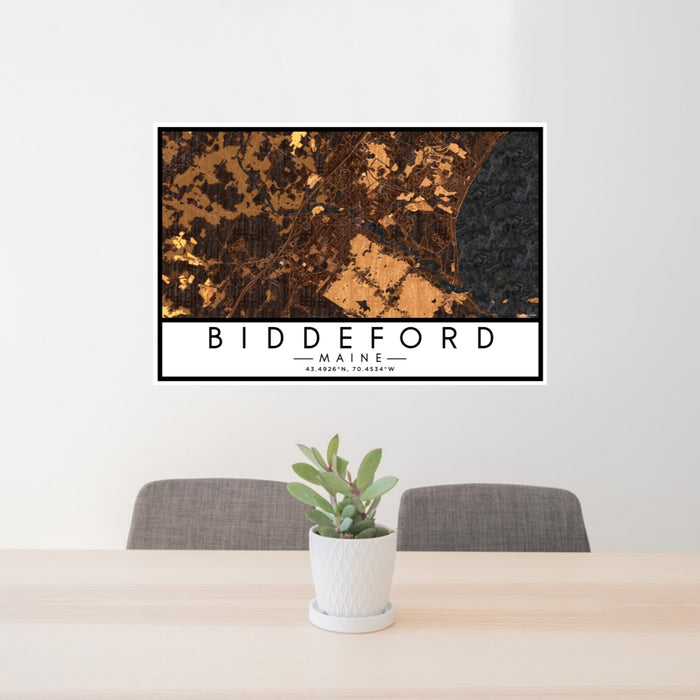 24x36 Biddeford Maine Map Print Lanscape Orientation in Ember Style Behind 2 Chairs Table and Potted Plant