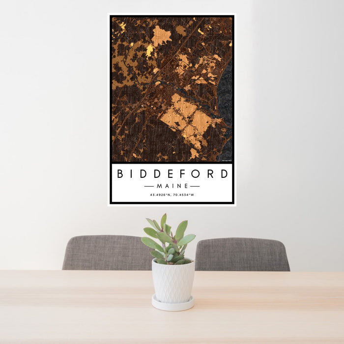 24x36 Biddeford Maine Map Print Portrait Orientation in Ember Style Behind 2 Chairs Table and Potted Plant