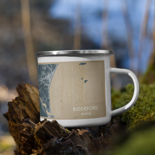 Right View Custom Biddeford Maine Map Enamel Mug in Afternoon on Grass With Trees in Background