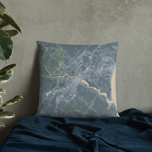 Custom Biddeford Maine Map Throw Pillow in Afternoon on Bedding Against Wall