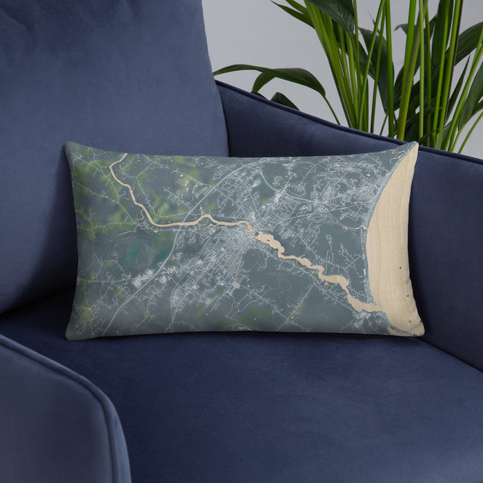 Custom Biddeford Maine Map Throw Pillow in Afternoon on Blue Colored Chair