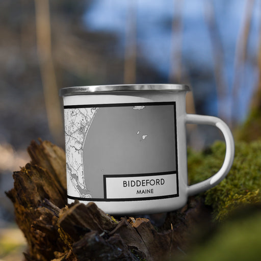 Right View Custom Biddeford Maine Map Enamel Mug in Classic on Grass With Trees in Background