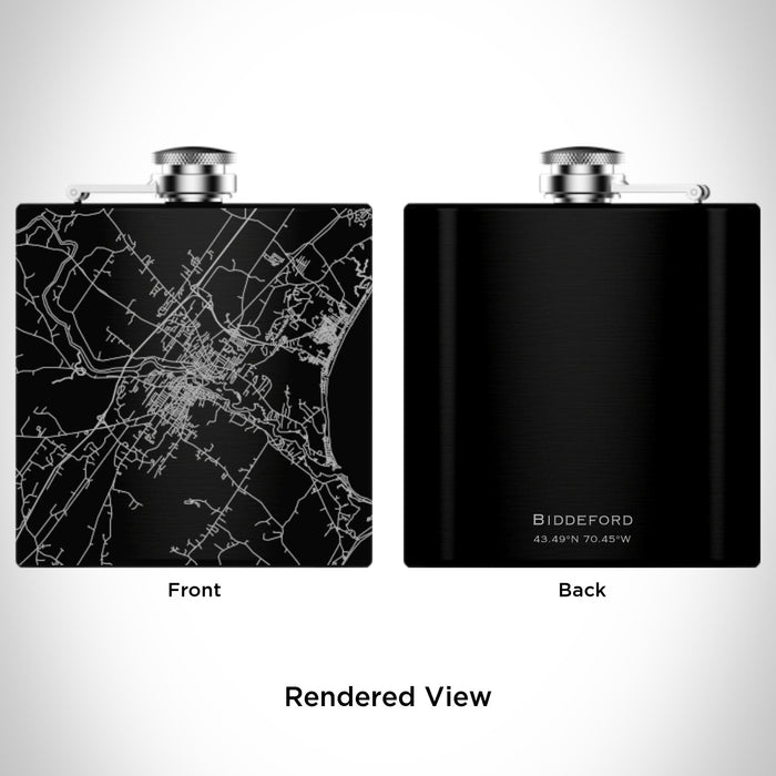 Rendered View of Biddeford Maine Map Engraving on 6oz Stainless Steel Flask in Black