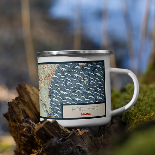 Right View Custom Biddeford Maine Map Enamel Mug in Woodblock on Grass With Trees in Background