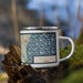 Right View Custom Biddeford Maine Map Enamel Mug in Woodblock on Grass With Trees in Background
