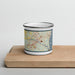 Front View Custom Biddeford Maine Map Enamel Mug in Woodblock on Cutting Board