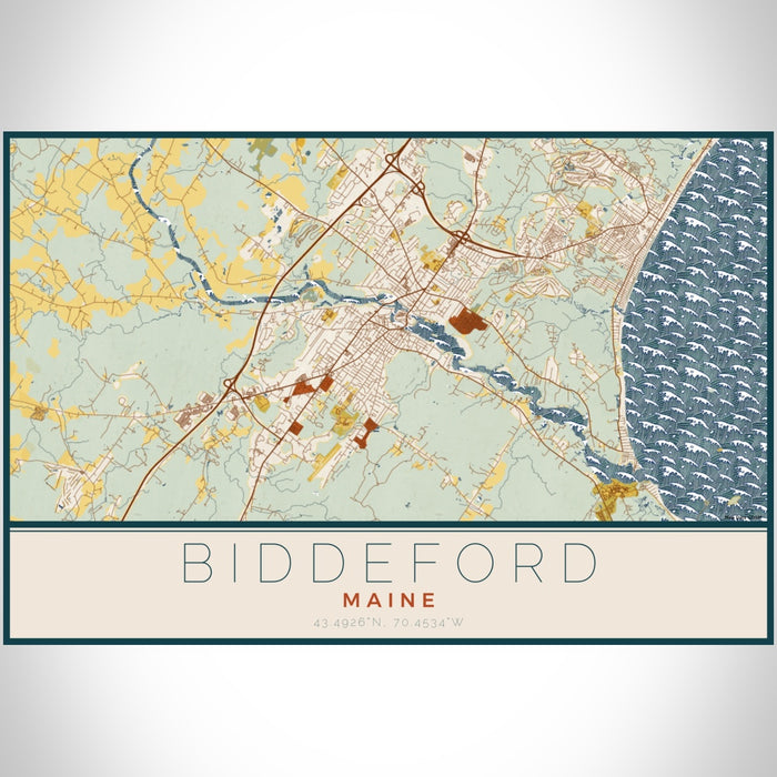 Biddeford Maine Map Print Landscape Orientation in Woodblock Style With Shaded Background