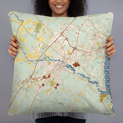 Person holding 22x22 Custom Biddeford Maine Map Throw Pillow in Woodblock