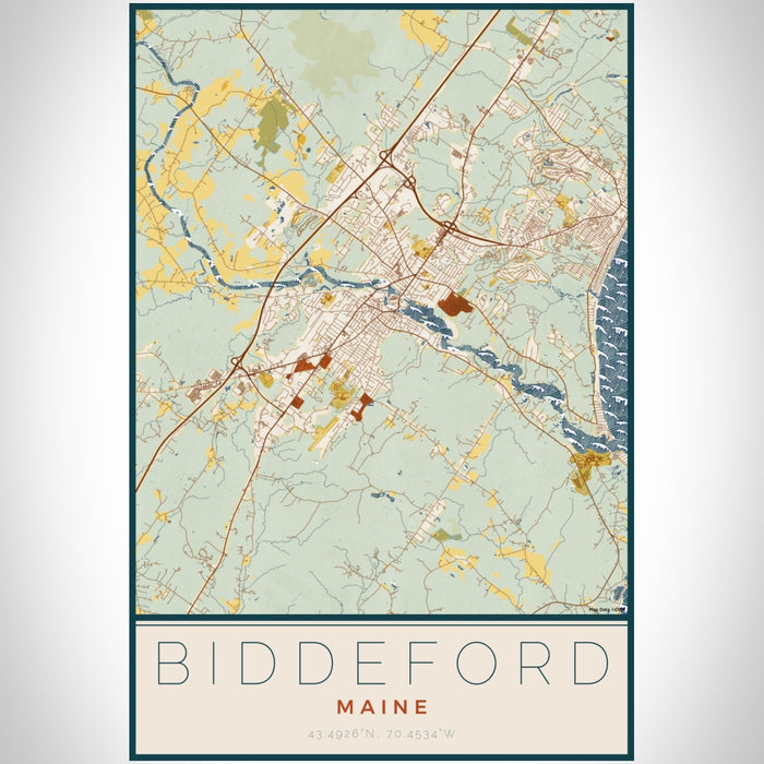 Biddeford Maine Map Print Portrait Orientation in Woodblock Style With Shaded Background