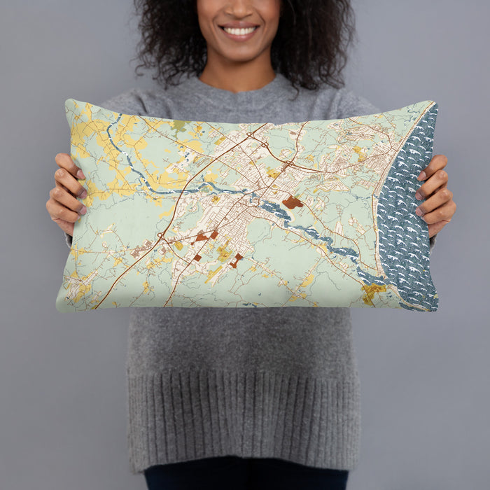 Person holding 20x12 Custom Biddeford Maine Map Throw Pillow in Woodblock