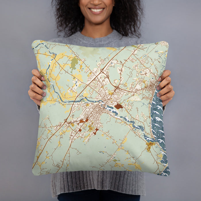 Person holding 18x18 Custom Biddeford Maine Map Throw Pillow in Woodblock