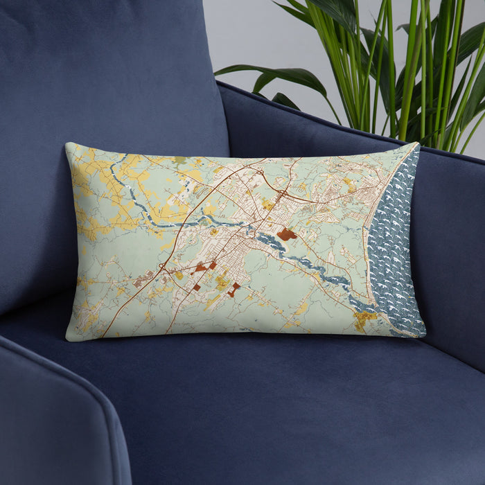 Custom Biddeford Maine Map Throw Pillow in Woodblock on Blue Colored Chair