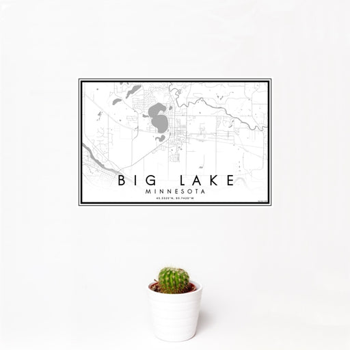 12x18 Big Lake Minnesota Map Print Landscape Orientation in Classic Style With Small Cactus Plant in White Planter
