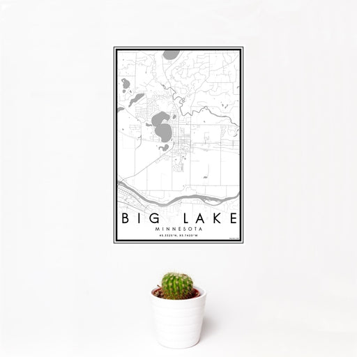 12x18 Big Lake Minnesota Map Print Portrait Orientation in Classic Style With Small Cactus Plant in White Planter