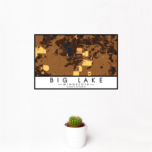 12x18 Big Lake Minnesota Map Print Landscape Orientation in Ember Style With Small Cactus Plant in White Planter
