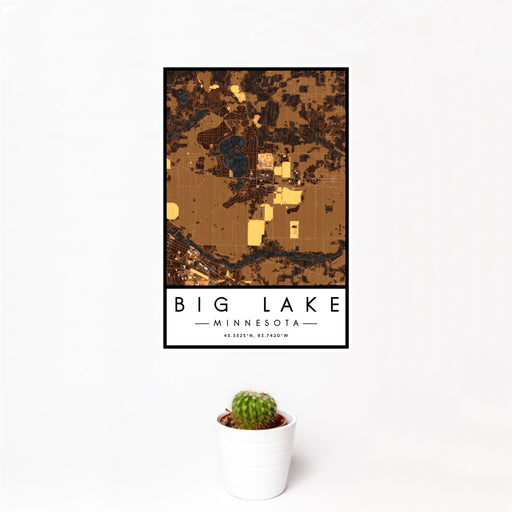12x18 Big Lake Minnesota Map Print Portrait Orientation in Ember Style With Small Cactus Plant in White Planter