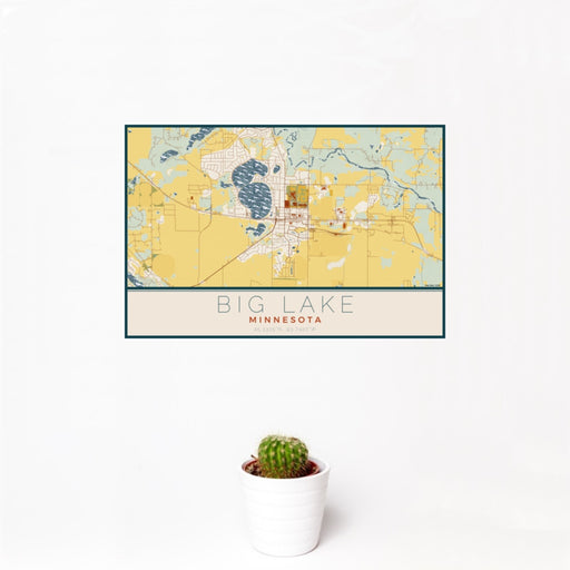 12x18 Big Lake Minnesota Map Print Landscape Orientation in Woodblock Style With Small Cactus Plant in White Planter