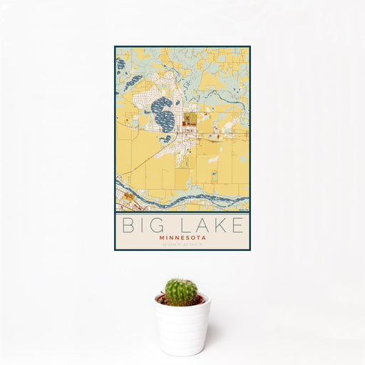 12x18 Big Lake Minnesota Map Print Portrait Orientation in Woodblock Style With Small Cactus Plant in White Planter