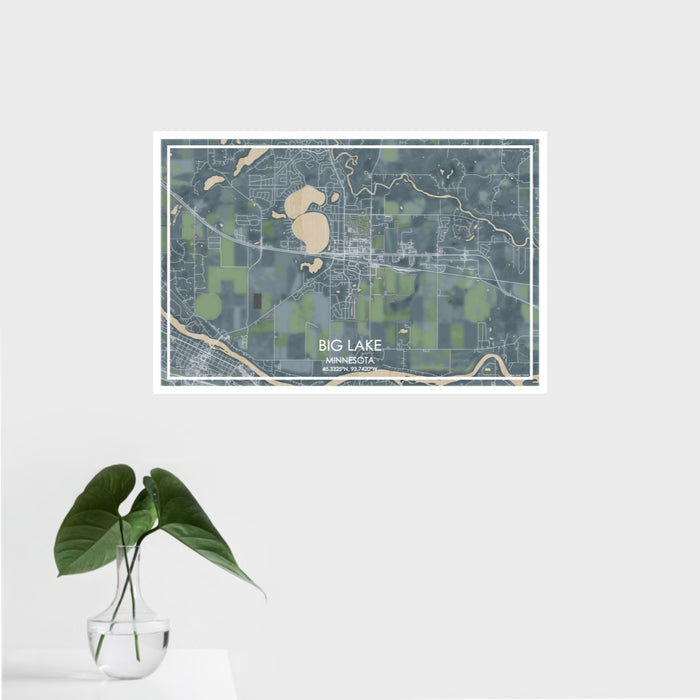 16x24 Big Lake Minnesota Map Print Landscape Orientation in Afternoon Style With Tropical Plant Leaves in Water