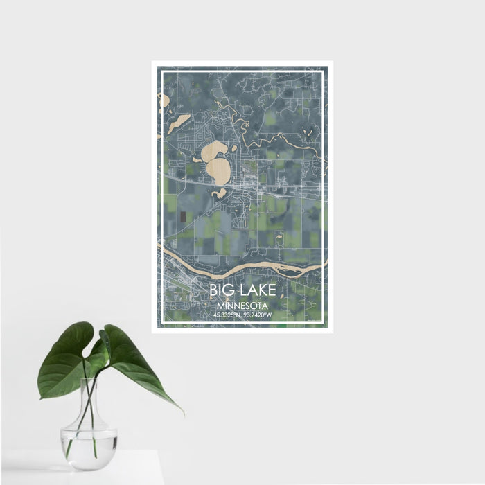 16x24 Big Lake Minnesota Map Print Portrait Orientation in Afternoon Style With Tropical Plant Leaves in Water