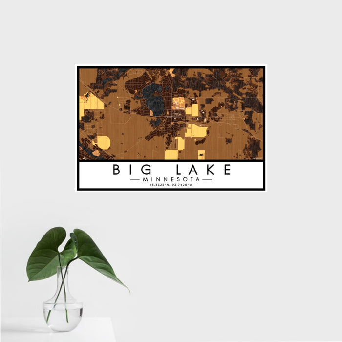 16x24 Big Lake Minnesota Map Print Landscape Orientation in Ember Style With Tropical Plant Leaves in Water