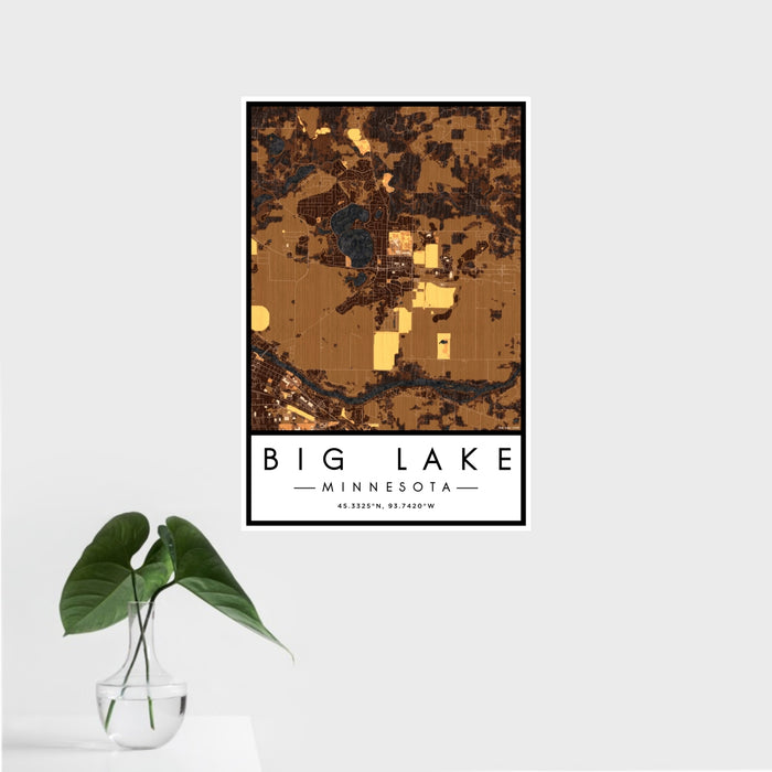 16x24 Big Lake Minnesota Map Print Portrait Orientation in Ember Style With Tropical Plant Leaves in Water