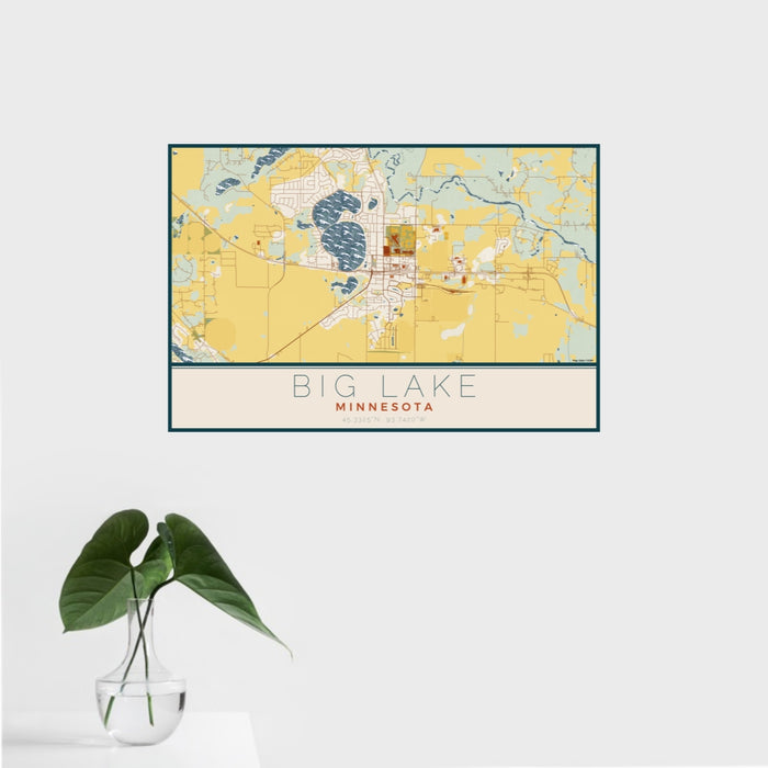 16x24 Big Lake Minnesota Map Print Landscape Orientation in Woodblock Style With Tropical Plant Leaves in Water
