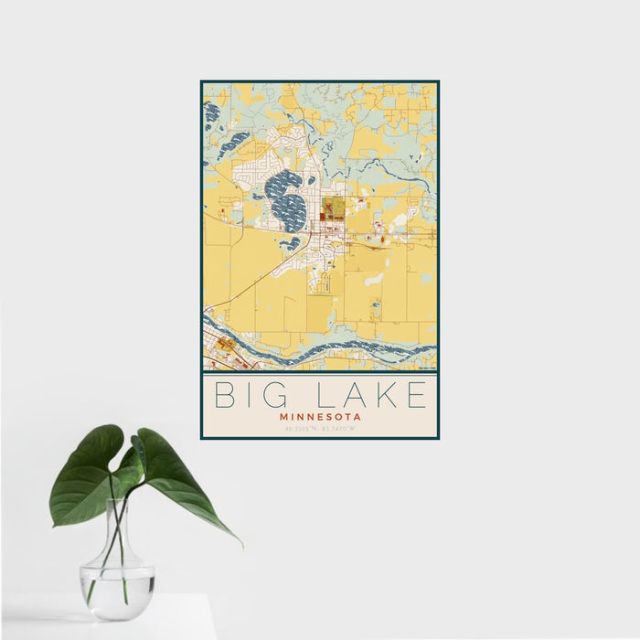 16x24 Big Lake Minnesota Map Print Portrait Orientation in Woodblock Style With Tropical Plant Leaves in Water