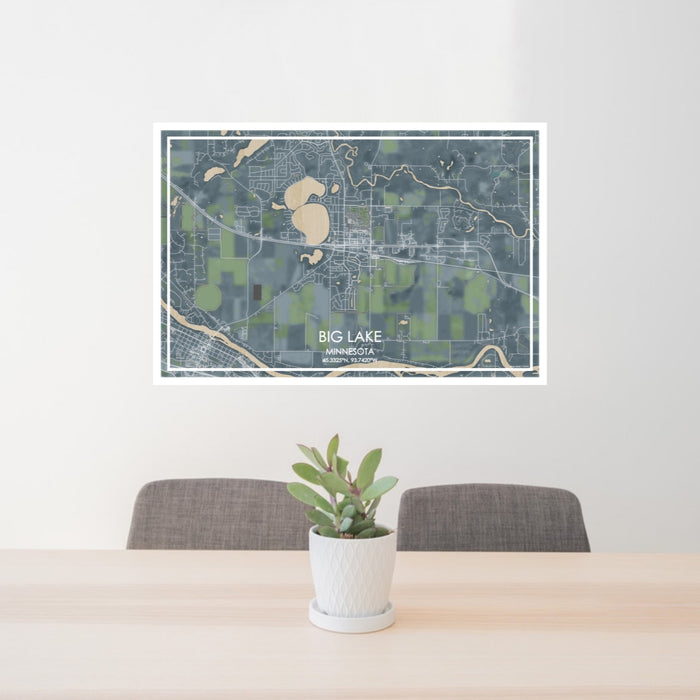 24x36 Big Lake Minnesota Map Print Lanscape Orientation in Afternoon Style Behind 2 Chairs Table and Potted Plant