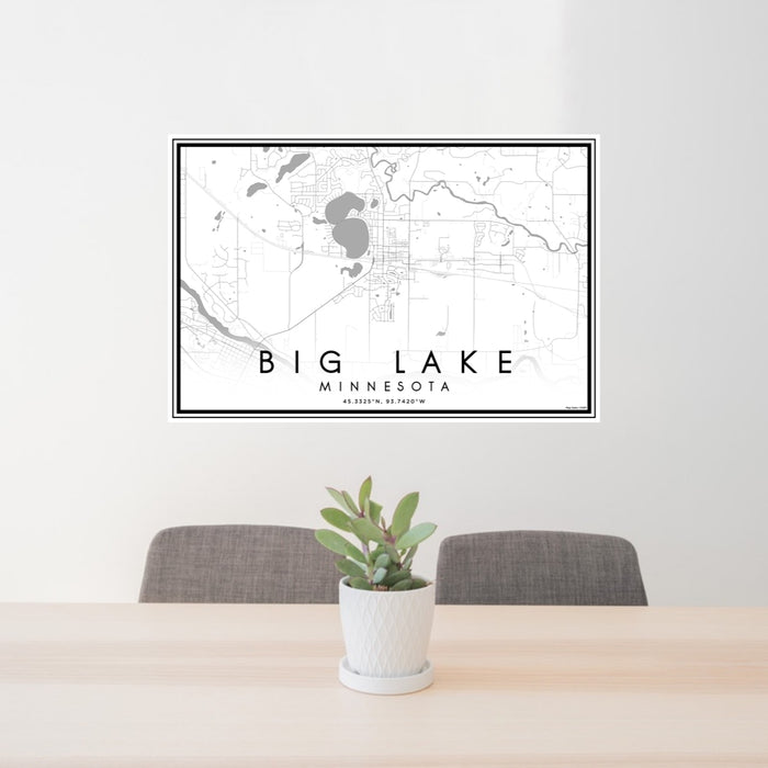 24x36 Big Lake Minnesota Map Print Lanscape Orientation in Classic Style Behind 2 Chairs Table and Potted Plant