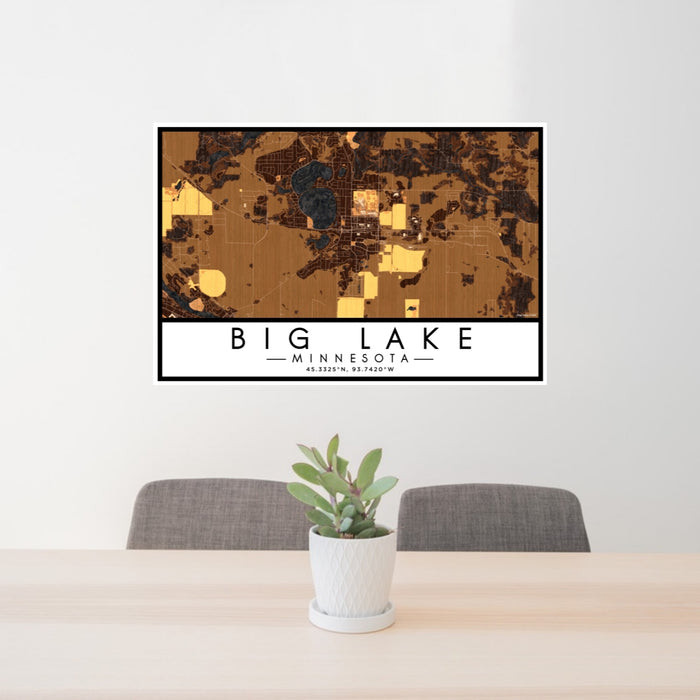 24x36 Big Lake Minnesota Map Print Lanscape Orientation in Ember Style Behind 2 Chairs Table and Potted Plant
