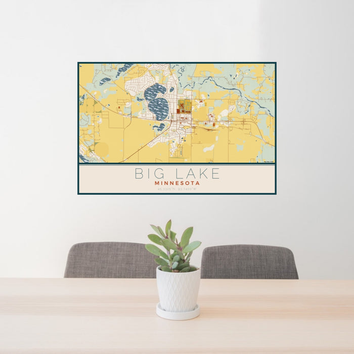 24x36 Big Lake Minnesota Map Print Lanscape Orientation in Woodblock Style Behind 2 Chairs Table and Potted Plant
