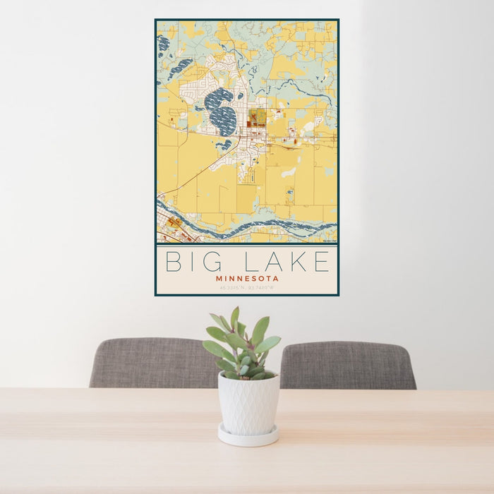 24x36 Big Lake Minnesota Map Print Portrait Orientation in Woodblock Style Behind 2 Chairs Table and Potted Plant