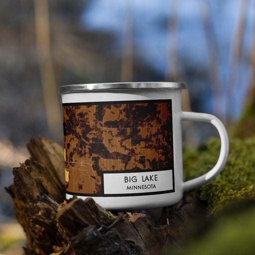 Right View Custom Big Lake Minnesota Map Enamel Mug in Ember on Grass With Trees in Background