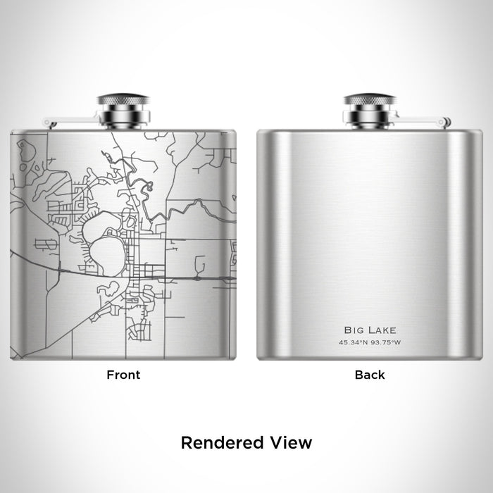 Rendered View of Big Lake Minnesota Map Engraving on 6oz Stainless Steel Flask