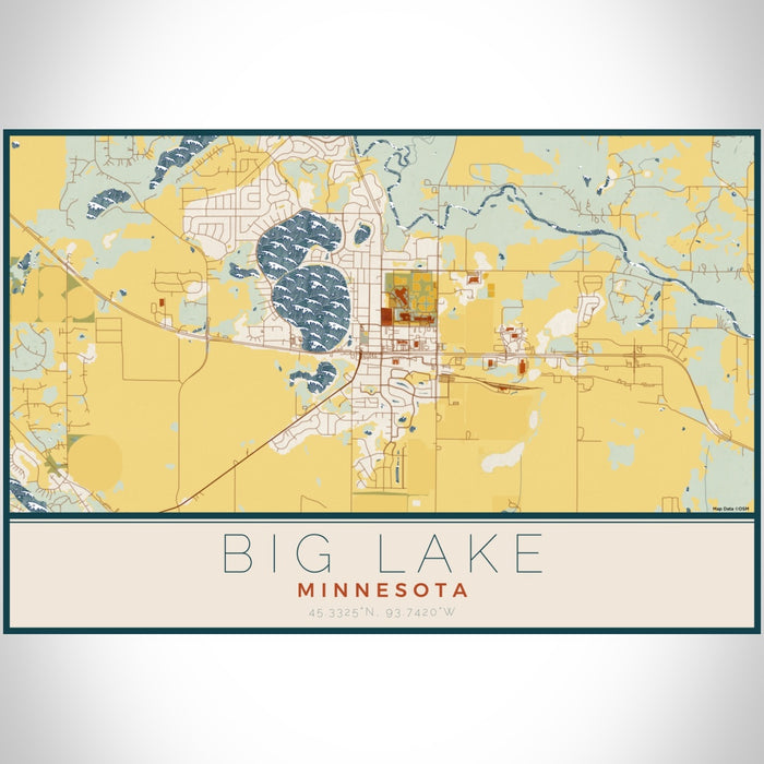 Big Lake Minnesota Map Print Landscape Orientation in Woodblock Style With Shaded Background
