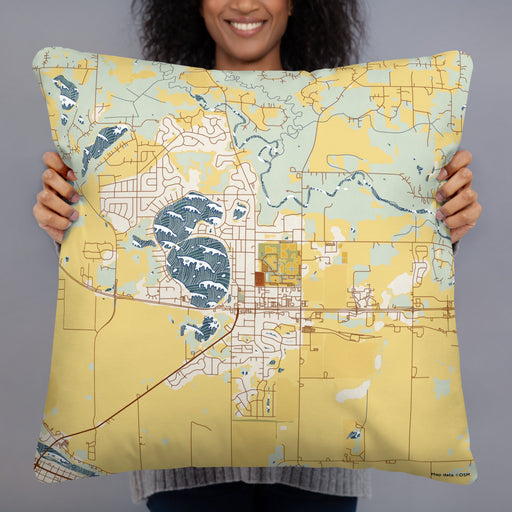 Person holding 22x22 Custom Big Lake Minnesota Map Throw Pillow in Woodblock
