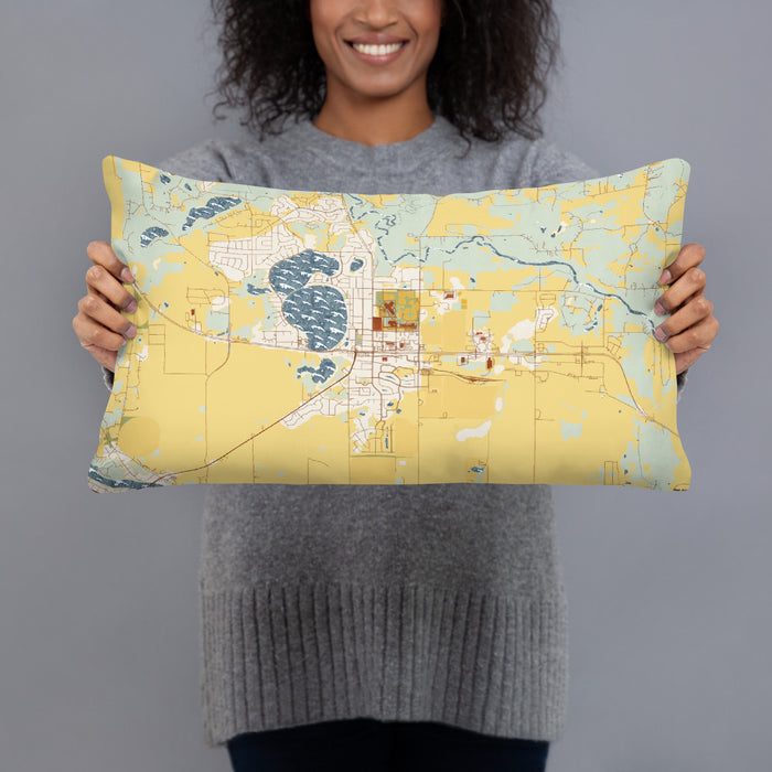 Person holding 20x12 Custom Big Lake Minnesota Map Throw Pillow in Woodblock