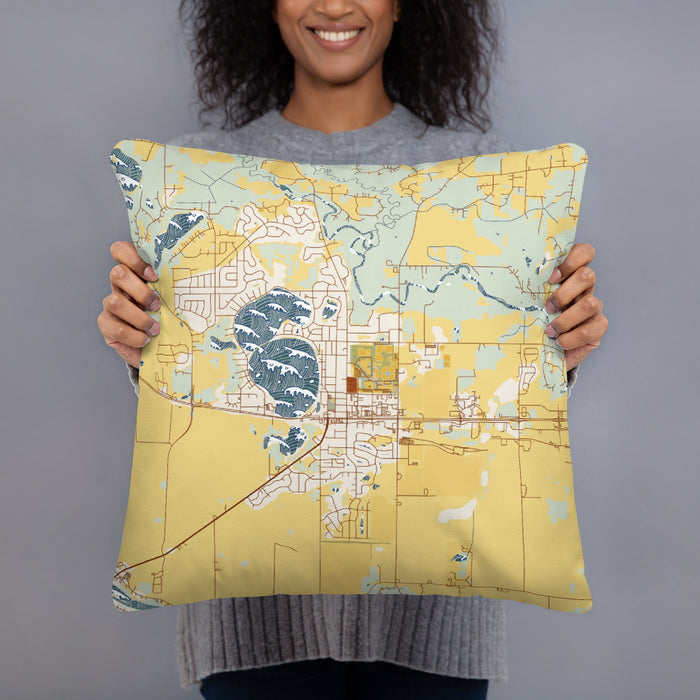 Person holding 18x18 Custom Big Lake Minnesota Map Throw Pillow in Woodblock