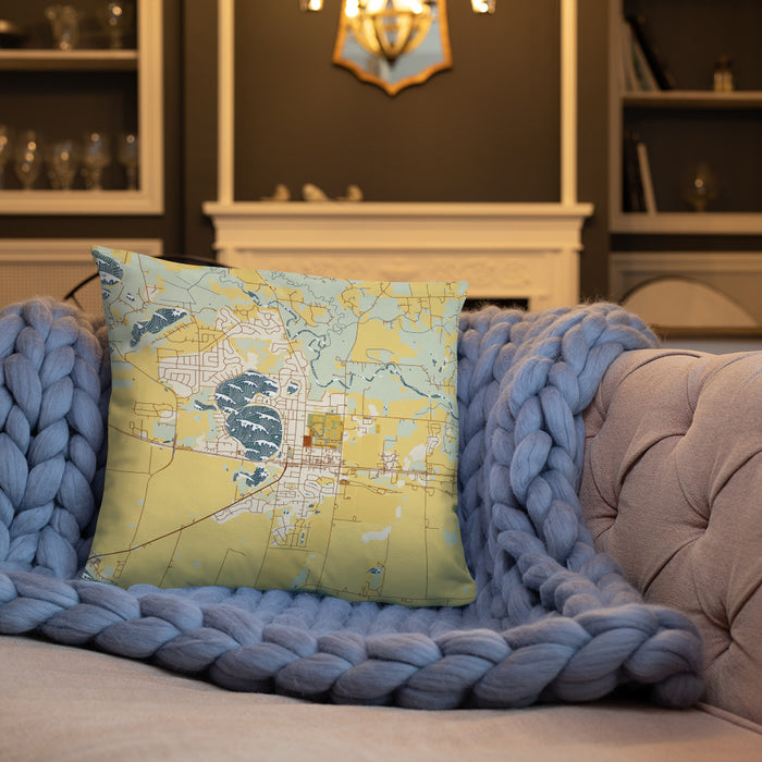 Custom Big Lake Minnesota Map Throw Pillow in Woodblock on Cream Colored Couch