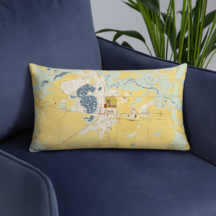 Custom Big Lake Minnesota Map Throw Pillow in Woodblock on Blue Colored Chair