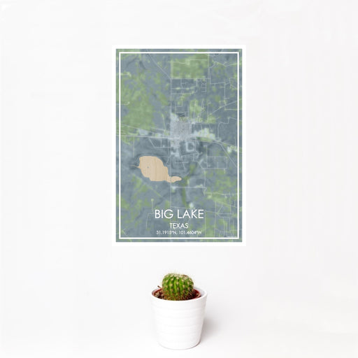 12x18 Big Lake Texas Map Print Portrait Orientation in Afternoon Style With Small Cactus Plant in White Planter