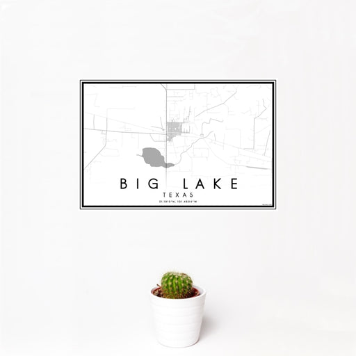 12x18 Big Lake Texas Map Print Landscape Orientation in Classic Style With Small Cactus Plant in White Planter
