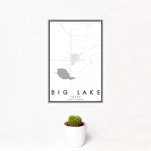 12x18 Big Lake Texas Map Print Portrait Orientation in Classic Style With Small Cactus Plant in White Planter