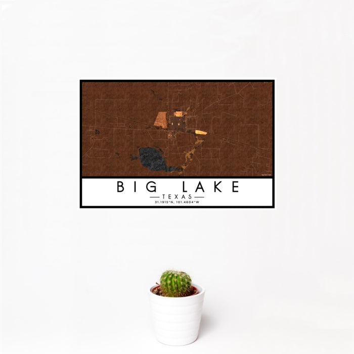 12x18 Big Lake Texas Map Print Landscape Orientation in Ember Style With Small Cactus Plant in White Planter