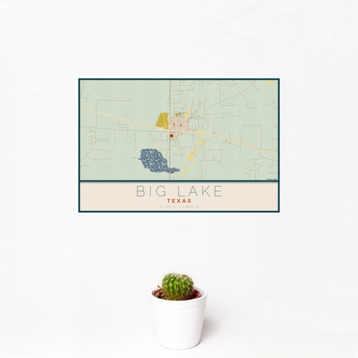 12x18 Big Lake Texas Map Print Landscape Orientation in Woodblock Style With Small Cactus Plant in White Planter