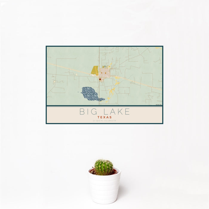 12x18 Big Lake Texas Map Print Landscape Orientation in Woodblock Style With Small Cactus Plant in White Planter